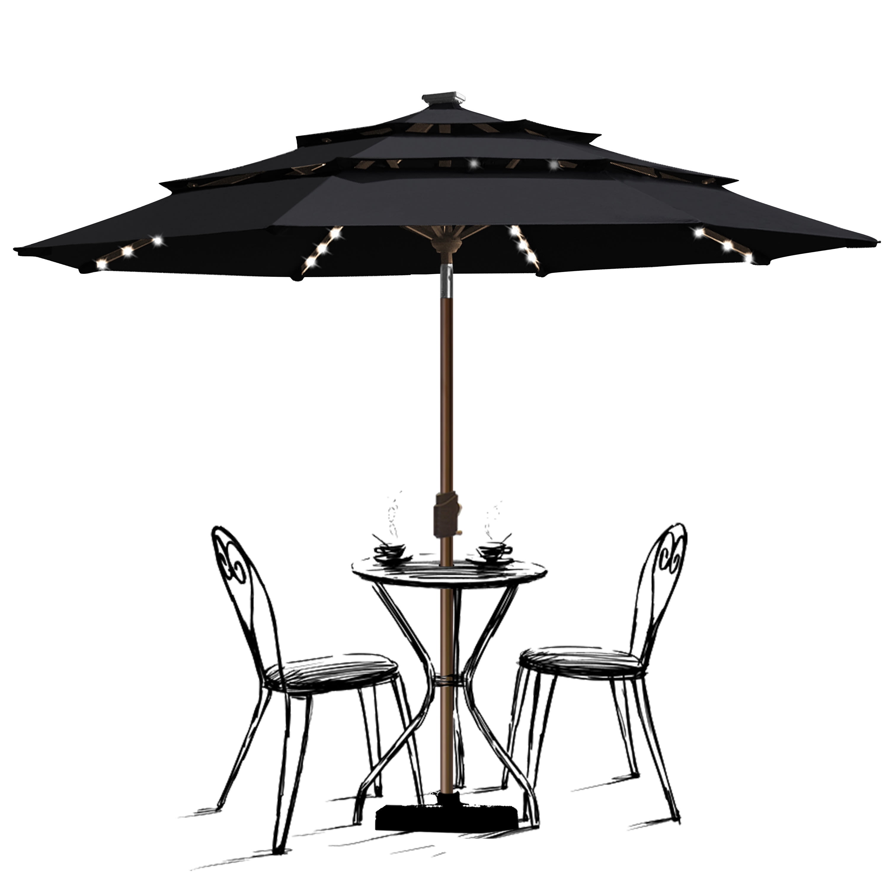 EliteShade Sunbrella Solar 9ft 3 Tiers Market Umbrella with 80 LED