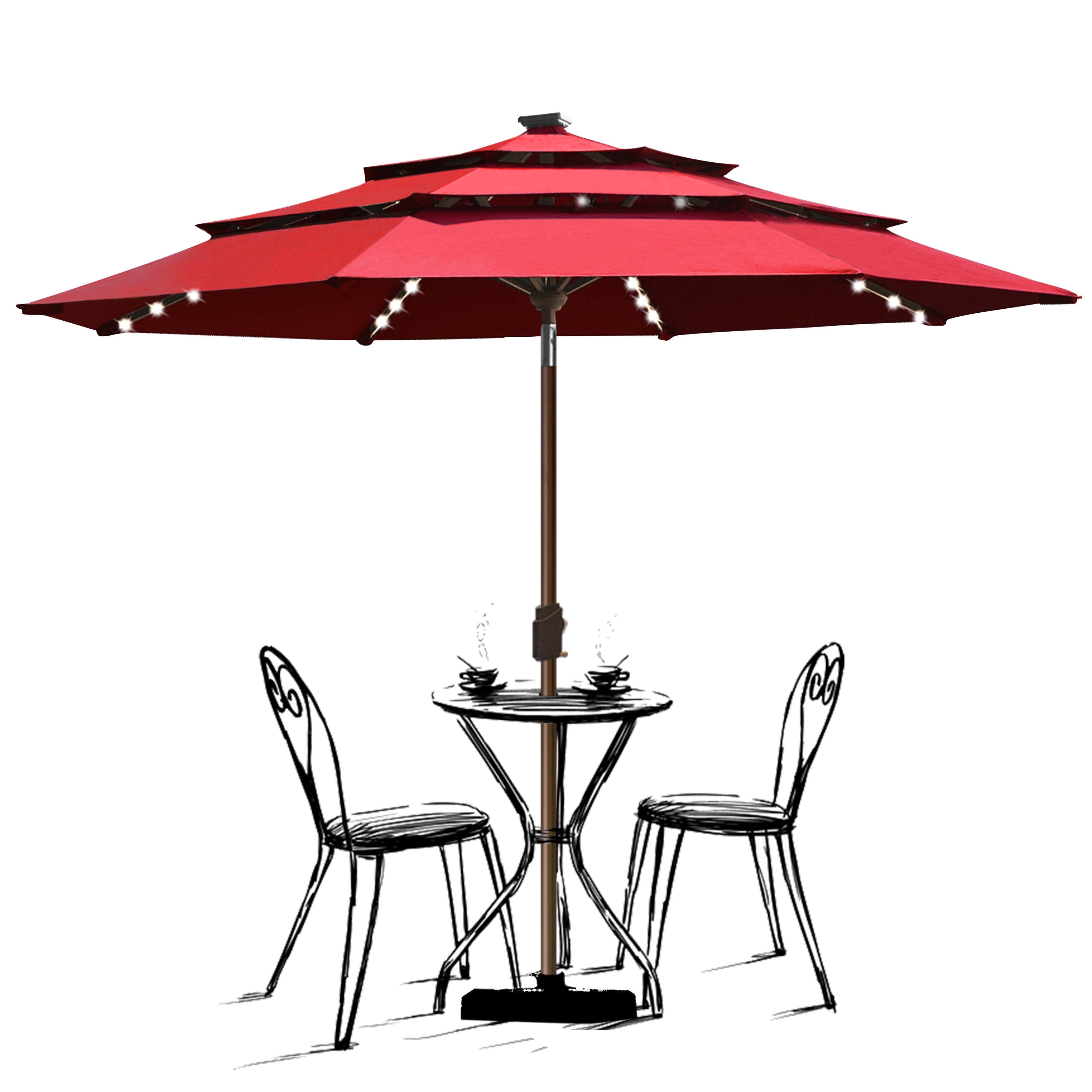 eliteshade sunbrella 9ft patio outdoor table umbrella 3 layers USA 10-Year-Non-Fading 3-Tier Market Umbrella, Commercial with 80 Solar LED Lights, Crank Open, Windproof & UPF 50+ UV Protection for Garden, Deck, Pool, Backyard, Royal EliteShade Sunbrella Solar 9ft 3