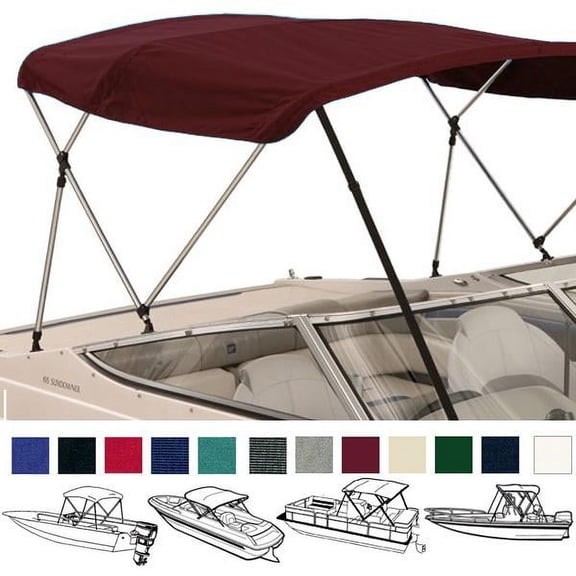 EliteShield 3 Bow Bimini Top Boat Cover Burgundy 3 Bow 72" L 36" H 73" 78" W with Boot and Rear Poles