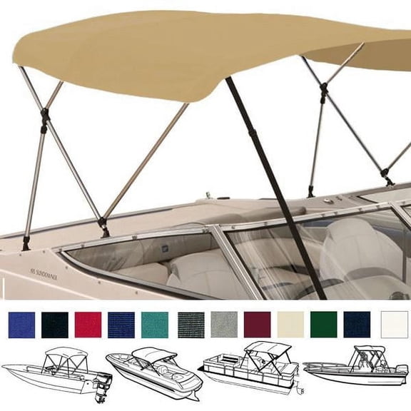 EliteShield 4 Bow Bimini Top Boat Cover Beige 4 Bow 96"L 54"H 79"- 84"W with Boot and Rear Poles