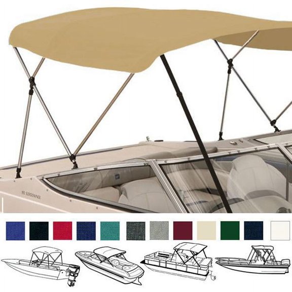 EliteShield 4 Bow Bimini Top Boat Cover Beige 4 Bow 96"L 54"H 85"- 90"W with Boot and Rear Poles