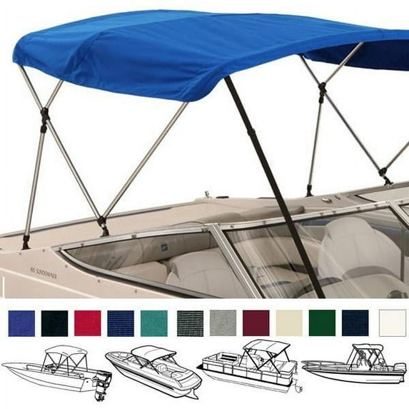 EliteShield 4 Bow Bimini Top Boat Cover Blue 4 Bow 96"L 54"H 54"- 60"W with Boot and Rear Poles