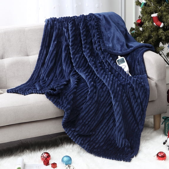 EliteZ Heated Throw Electric Blanket - Striped Flannel Heated Throw Blanket with 10 Heating Levels & 1-10H Auto Off, Machine Washable Electric Heating Throw Blanket, 50x60 Inch, Navy Blue