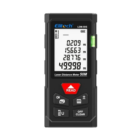 Elitech LDM-50S Laser Distance Meter, 165ft Digital Measure Tool ±2mm Accuracy, Area/Volume/Pythagoras Modes, Backlit LCD, 99 Records, Unit Switch – for Home & DIY