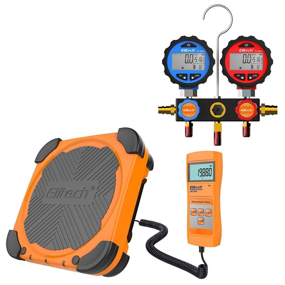 Elitech LMC-200 Refrigerant Scale HVAC Freon Charging Scale 220lbs Weight with Anti-Collision Corner Elitech LMC-200 Refrigerant Scale 220lbs + DMG-3 AC Manifold Gauge