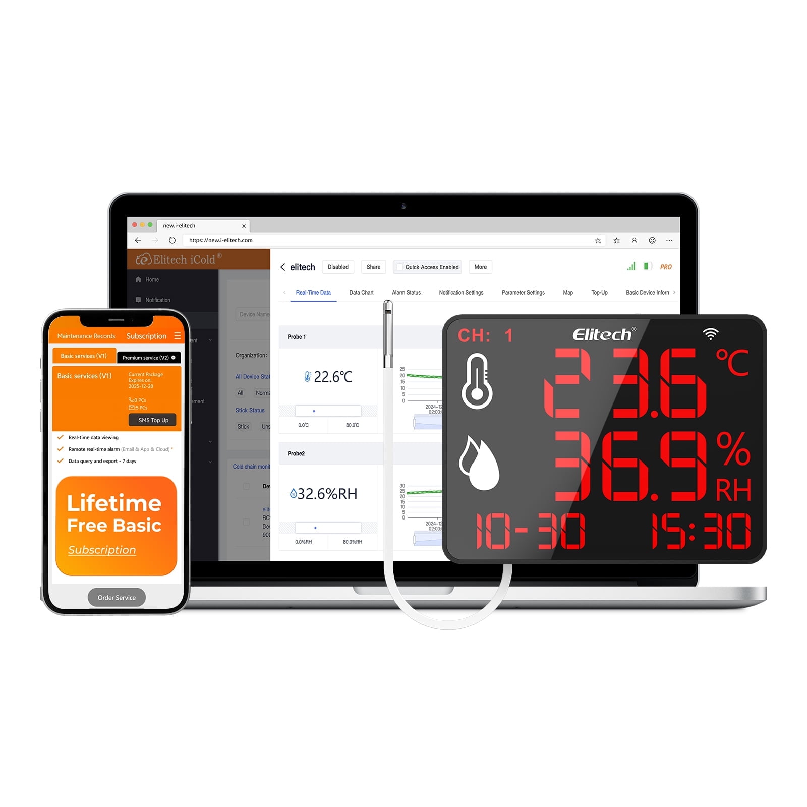 Elitech Wireless Hygrometer Thermometer Reusable Temperature Recorder Data Logger Temperature Humidity with Large Screen Data Storage Export, DR-230W-THE with External Temperature and Humidity Sensor