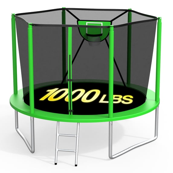 XMIKA 10FT Trampoline for Kids Adults, Outdoor Trampolines with Enclosure Net, Basketball Hoop, Light, Sprinkler, Ladder, Backyard Recreational Trampoline, 1000LBS, Galvanized
