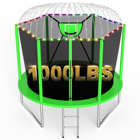 XMIKA 10FT 12FT 14FT 16FT Trampoline for Kids Adults, Outdoor Trampolines with Enclosure Net, Basketball Hoop, Light, Sprinkler, Ladder, Backyard Recreational Trampoline, 1000LBS, Galvanized