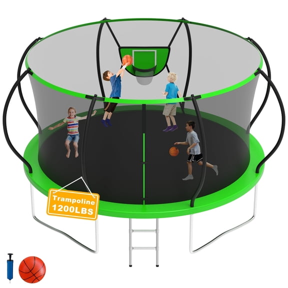 Elitezip 12FT Trampoline with Basketball Hoop, Outdoor Trampoline with Enclosure Net, Ladder, Heavy-duty Recreational Trampoline, 1200LBS Capacity Trampoline for Kids and Adults, Upgrade Curved Pole