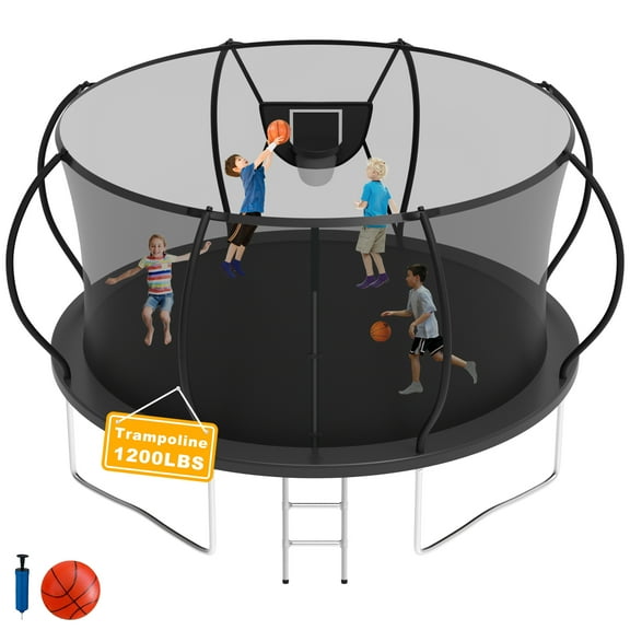 Elitezip 12FT Trampoline with Basketball Hoop, Outdoor Trampoline with Enclosure Net, Ladder, Heavy-duty Recreational Trampoline, 1200LBS Capacity Trampoline for Kids and Adults, Upgrade Curved Pole