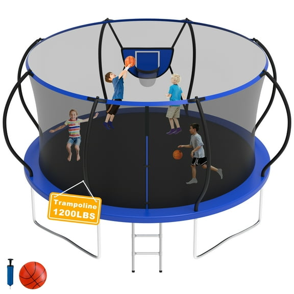 Elitezip 12FT Trampoline with Basketball Hoop, Outdoor Trampoline with Enclosure Net, Ladder, Heavy-duty Recreational Trampoline, 1200LBS Capacity Trampoline for Kids and Adults, Upgrade Curved Pole