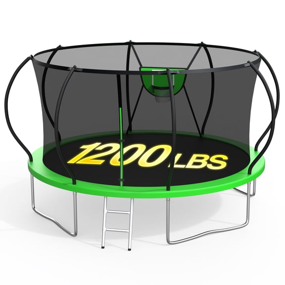 XMIKA 12FT Trampoline with Basketball Hoop, Outdoor Trampoline with Enclosure Net, Ladder, Heavy-duty Recreational Trampoline, 1200LBS Capacity Trampoline for Kids and Adults, Upgrade Curved Pole