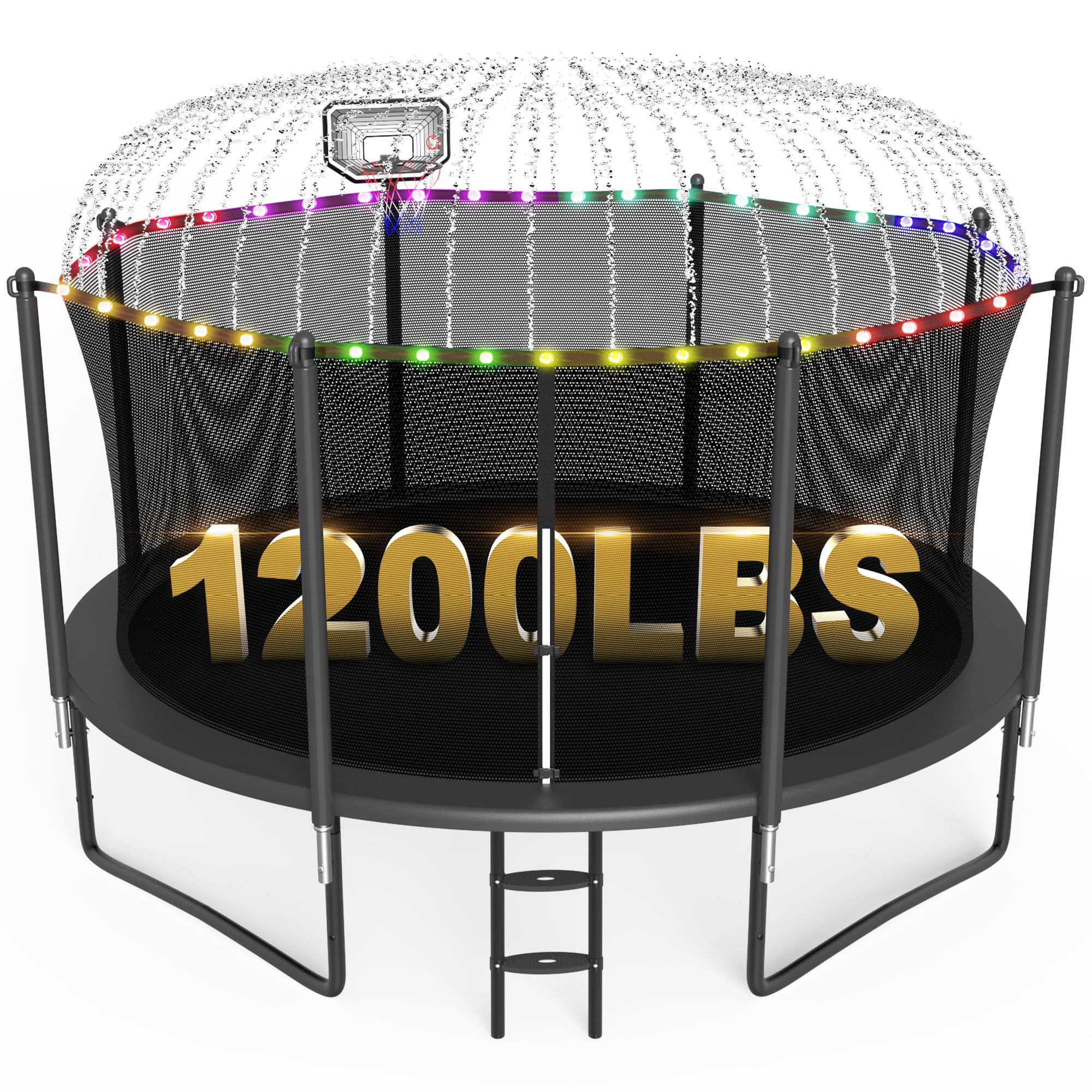 XMIKA 12FT Trampoline with Enclosure Net, 1200LBS Trampolines for Kids and Adults, Outdoor Trampoline with Basketball Hoop, Ladder, Lights and Sprinkler, Backyard Recreational Trampolines, Black