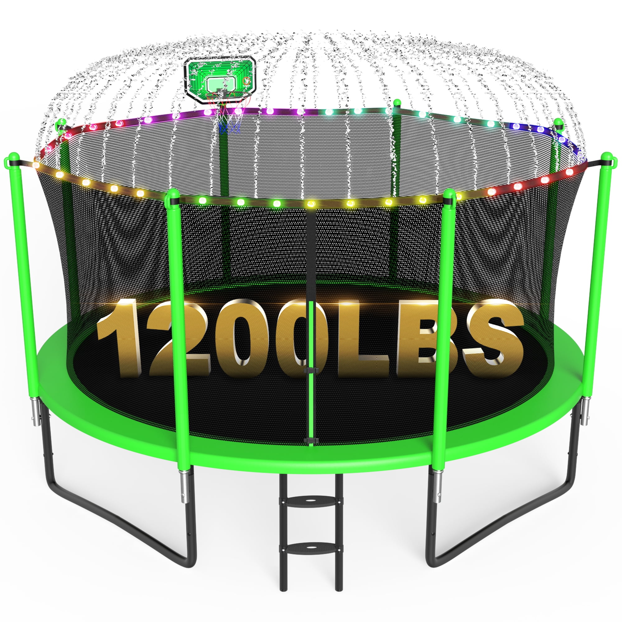 XMIKA 12FT Trampoline with Enclosure Net, 1200LBS Trampolines for Kids and Adults, Outdoor Trampoline with Basketball Hoop, Ladder, Lights and Sprinkler, Backyard Recreational Trampolines, Green