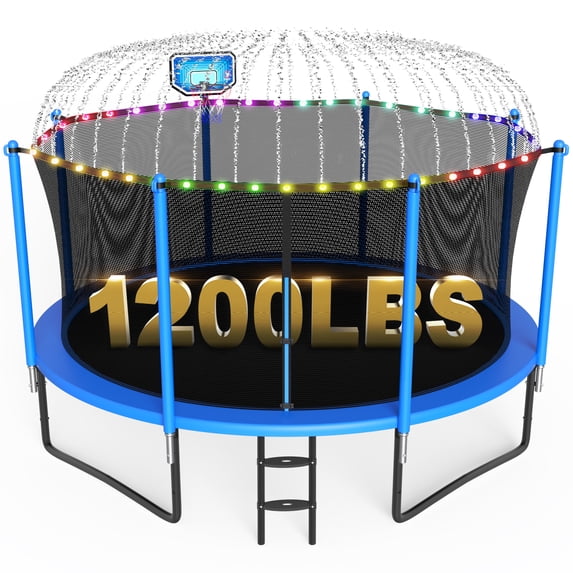 XMIKA 12FT Trampoline with Enclosure Net, 1200LBS Trampolines for Kids and Adults, Outdoor Trampoline with Basketball Hoop, Ladder, Lights and Sprinkler, Backyard Recreational Trampolines, Blue