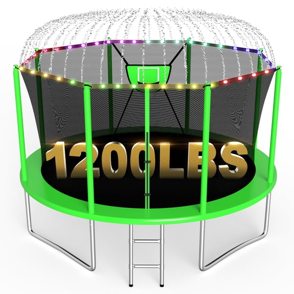 XMIKA 12FT Trampoline, Trampolines with Basketball Hoop for Kids, 1200LBS Trampolines with Enclosure Net, Light, Sprinkler, Ladder, Backyard Recreational Trampoline, Galvanized Anti-Rust Coating