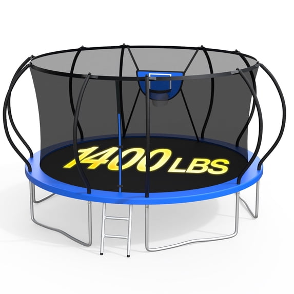 XMIKA 14FT Trampoline with Basketball Hoop, Outdoor Trampoline with Enclosure Net, Ladder, Heavy-duty Recreational Trampoline, 1400LBS Capacity Trampoline for Kids and Adults, Upgrade Curved Pole