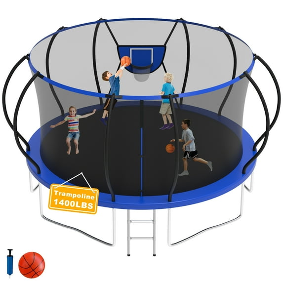 Elitezip 14FT Trampoline with Basketball Hoop, Outdoor Trampoline with Enclosure Net, Ladder, Heavy-duty Recreational Trampoline, 1400LBS Capacity Trampoline for Kids and Adults, Upgrade Curved Pole