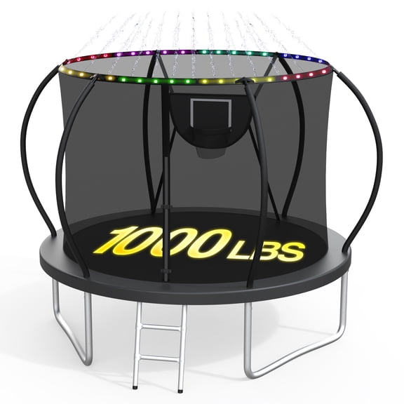 XMIKA 10ft Trampoline for 2-3 Kids, Outdoor Trampolines for Adults, Backyard Recreational Trampoline with Enclosure Net, Basketball Hoop, Light, Sprinkler, Ladder, Loading 1000 lbs, Curved Design