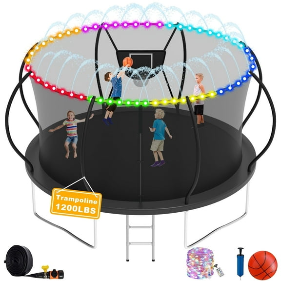 Elitezip Trampoline for Kids and Adults, 12FT 1200LBS Trampolines with Enclosure Net, Basketball Hoop, Ladder, Light, Sprinkler, Outdoor Trampoline, Backyard Recreational Trampolines, Curved Design