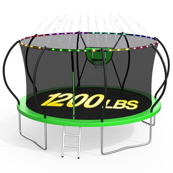 XMIKA Trampoline for Kids and Adults, 8 FT 10FT 12FT 16FT 14FT Trampolines Outdoor with Enclosure Net, Basketball Hoop, Ladder, Light, Sprinkler, Backyard Recreational Trampoline, Curved Design