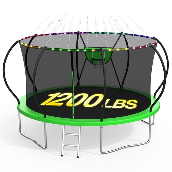 XMIKA Trampoline for Kids and Adults, 8 FT 10FT 12FT 16FT 14FT Trampolines Outdoor with Enclosure Net, Basketball Hoop, Ladder, Light, Sprinkler, Backyard Recreational Trampoline, Curved Design