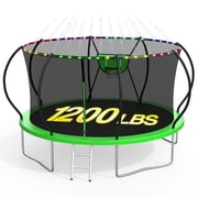 XMIKA Trampoline for Kids and Adults, 8 FT 10FT 12FT 16FT 14FT Trampolines Outdoor with Enclosure Net, Basketball Hoop, Ladder, Light, Sprinkler, Backyard Recreational Trampoline, Curved Design