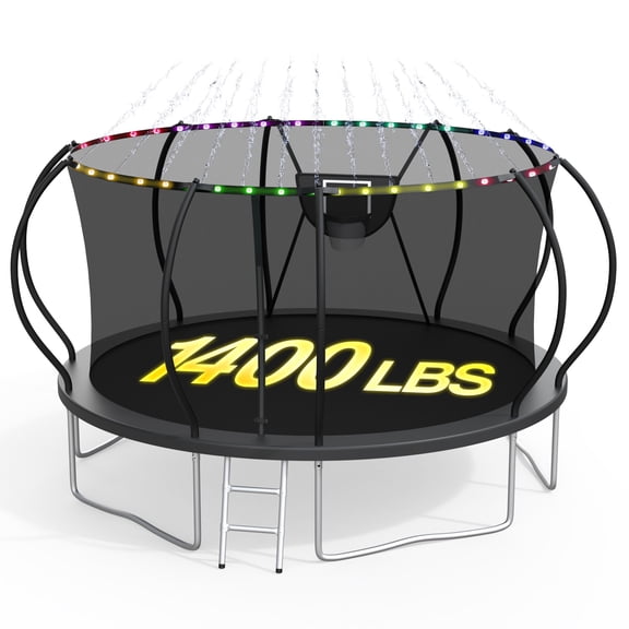 XMIKA 1400LBS Trampoline for Kids and Adults, 8ft 10ft 12ft 16ft 14ft Trampolines with Enclosure Net, Basketball Hoop, Light, Sprinkler, Outdoor Heavy Duty Pumpkin Trampoline, Curved Design