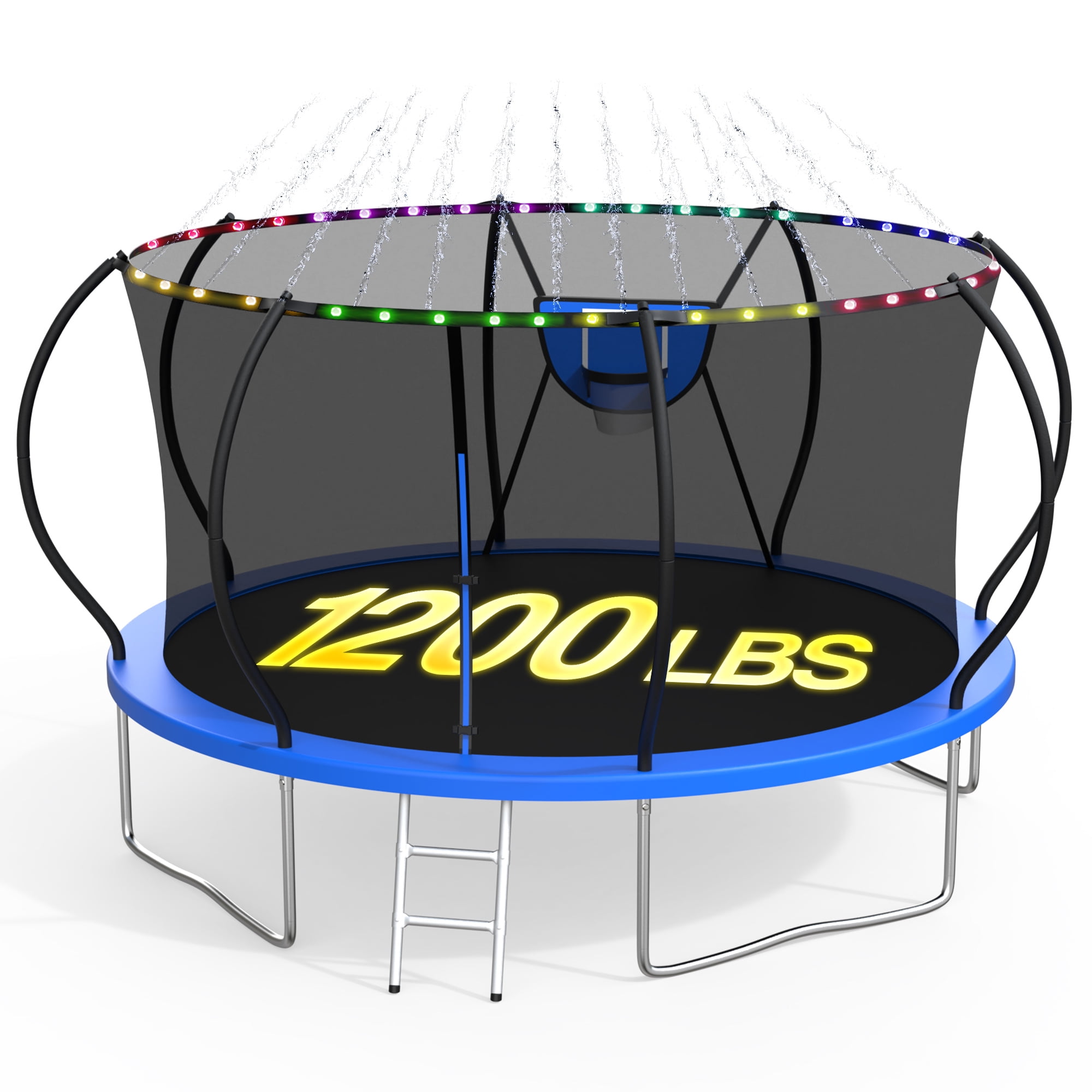 XMIKA Trampoline for Kids and Adults, 8 FT 10FT 12FT 16FT 14FT Trampolines Outdoor with Enclosure Net, Basketball Hoop, Ladder, Light, Sprinkler, Backyard Recreational Trampoline, Curved Design