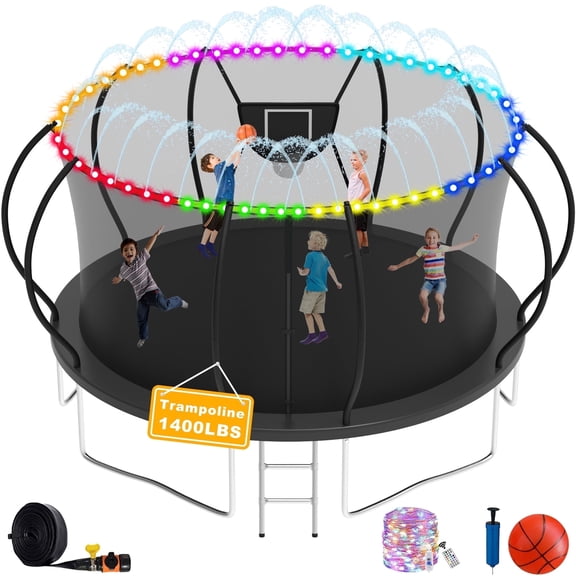 Elitezip 1400LBS Trampoline for Kids and Adults, 8 FT 10FT 12FT 16FT 14FT Trampolines with Enclosure Net, Basketball Hoop, Light, Sprinkler, Outdoor Heavy Duty Pumpkin Trampoline, Curved Design
