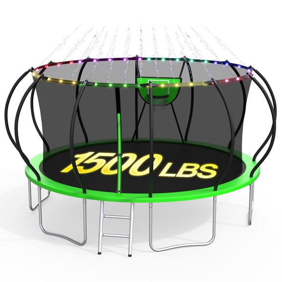 XMIKA Trampoline for Kids and Adults, 8 FT 10FT 12FT 16FT 14FT Trampolines with Enclosure Net, Basketball Hoop, Ladder, Light, Sprinkler, 1500LBS Backyard Outdoor Trampoline, Curved Design