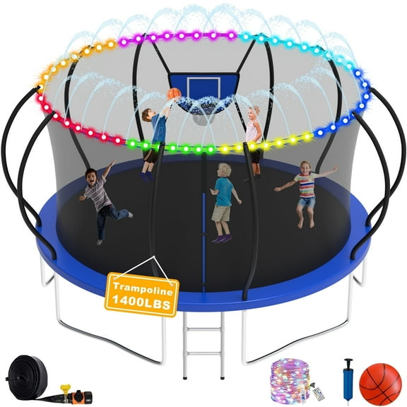Elitezip 1400LBS Trampoline for 4-5 Kids, Adults, 14FT Trampolines with Enclosure Net, Outdoor Trampoline with Basketball Hoop, Light, Sprinkler, Backyard Heavy Duty Trampoline, Curved Design, Blue