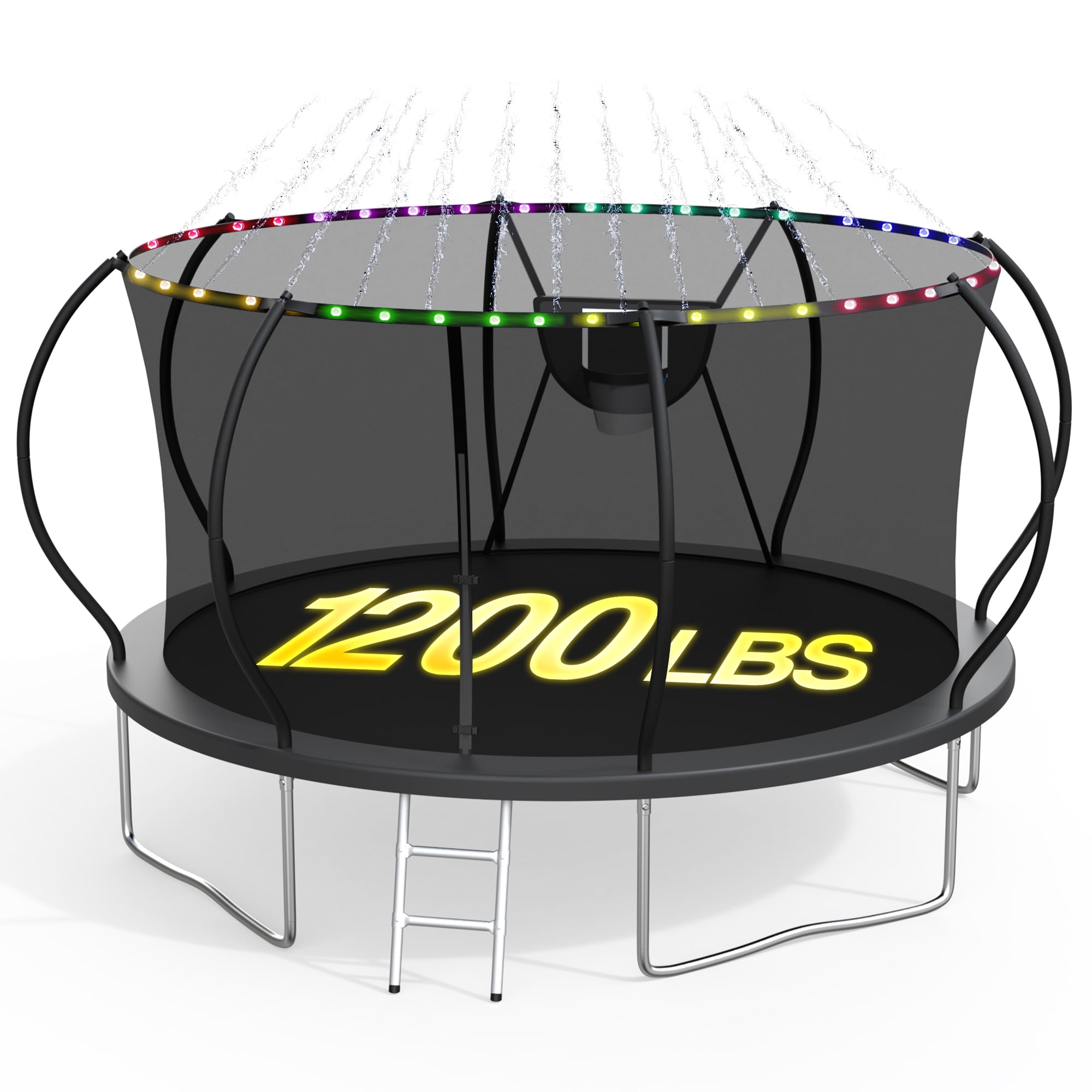 XMIKA Trampoline for Kids and Adults, 12FT 1200LBS Trampolines with Enclosure Net, Basketball Hoop, Ladder, Light, Sprinkler, Outdoor Trampoline, Backyard Recreational Trampolines, Curved Design