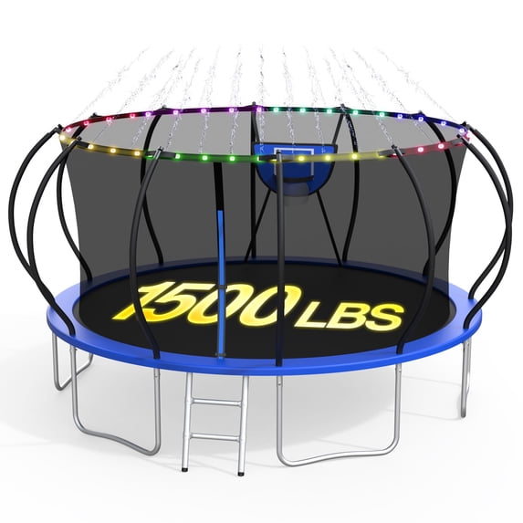 XMIKA Trampoline for Kids and Adults, 8 FT 10FT 12FT 16FT 14FT Trampolines with Enclosure Net, Basketball Hoop, Ladder, Light, Sprinkler, 1500LBS Backyard Outdoor Trampoline, Curved Design
