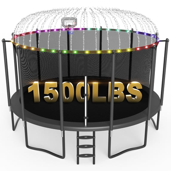 XMIKA 15FT 16FT Trampolines for 8-9 Kids Adults, 1500LBS Trampoline with Enclosure Net, Basketball Hoop, Ladder, Lights and Sprinklers, Outdoor Round Recreational Trampolines, Easy to Install
