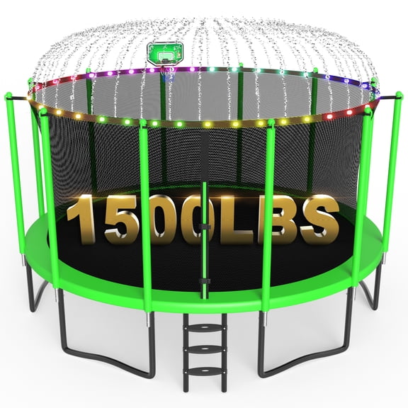 XMIKA 15FT 16FT Trampolines for 8-9 Kids Adults, 1500LBS Trampoline with Enclosure Net, Basketball Hoop, Ladder, Lights and Sprinklers, Outdoor Round Recreational Trampolines, Easy to Install
