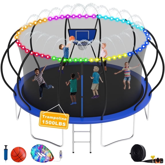 Elitezip 16FT Trampoline with Enclosure, 1500LBS Outdoor Trampolines for 8-9 Kids/Adult, Trampoline with Basketball Hoop, Ladder, Lights, Sprinkler, Heavy Duty Recreational Trampoline, No Gap Design