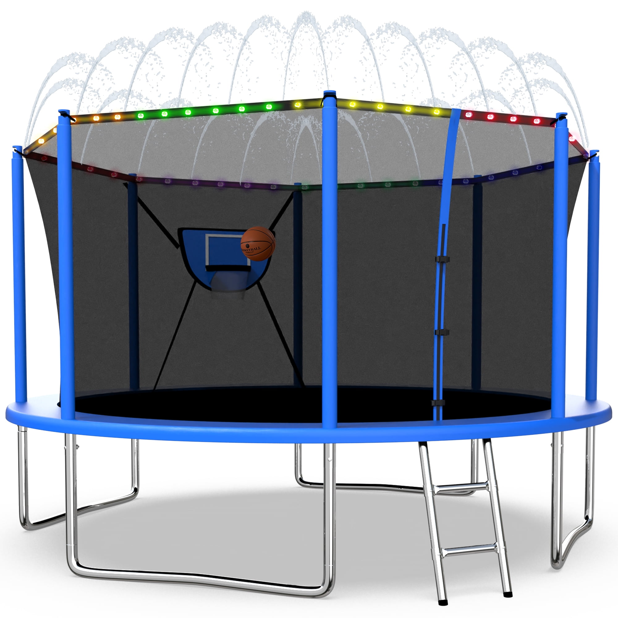 XMIKA Trampoline with Enclosure for Kids, 1200LBS 12FT Trampolines with Basketball Hoop, 10FT 14FT 16FT Outdoor Heavy Duty Recreational Trampoline with Ladder, Lights, Sprinkler, Easy to Install