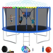 Elitezip Trampoline with Enclosure for Kids, 1200LBS 12FT Trampolines with Basketball Hoop, 10FT 14FT 16FT Outdoor Heavy Duty Recreational Trampoline with Ladder, Lights, Sprinkler, Easy to Install