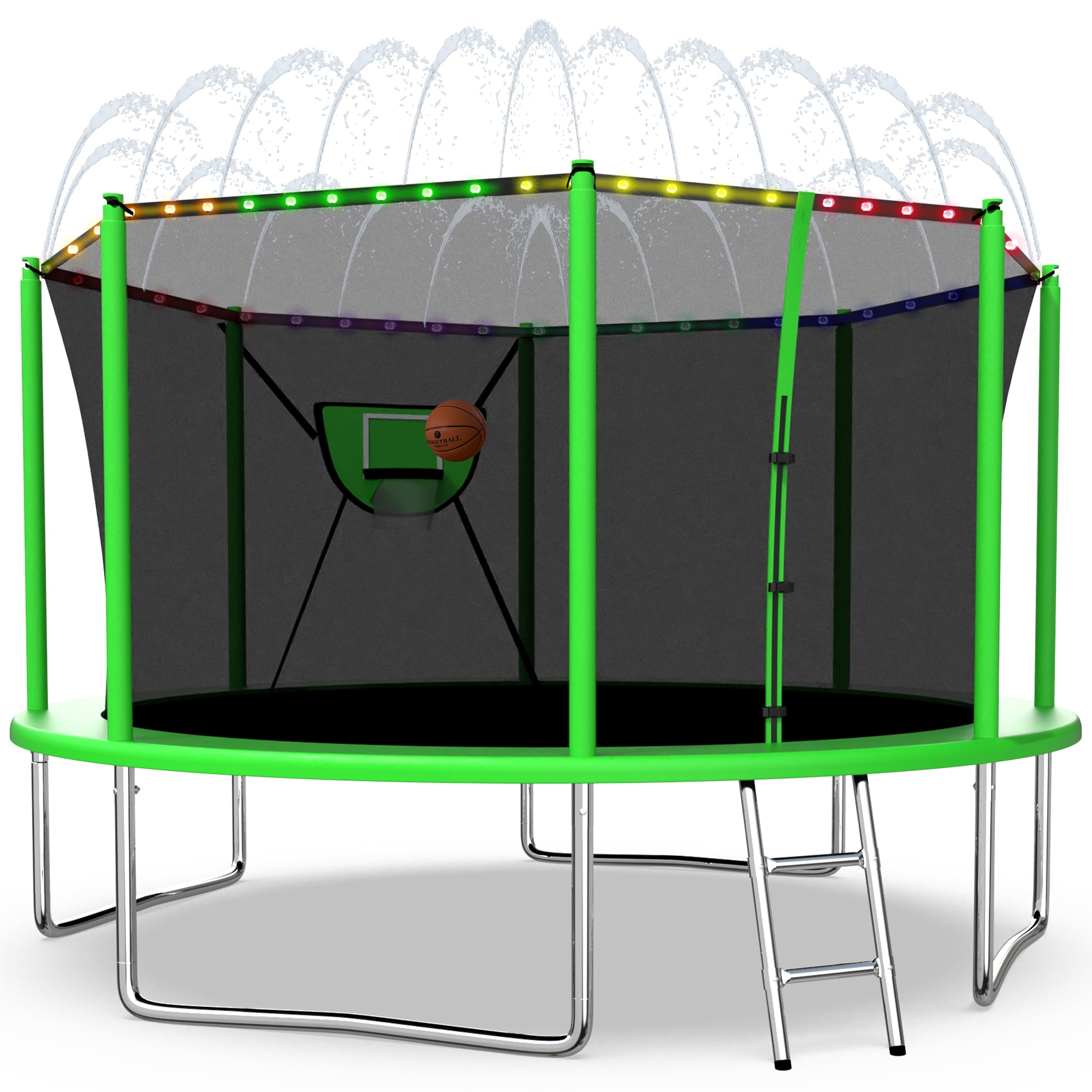 XMIKA Trampoline with Enclosure for Kids, 1200LBS 12FT Trampolines with Basketball Hoop, 10FT 14FT 16FT Outdoor Heavy Duty Recreational Trampoline with Ladder, Lights, Sprinkler, Easy to Install
