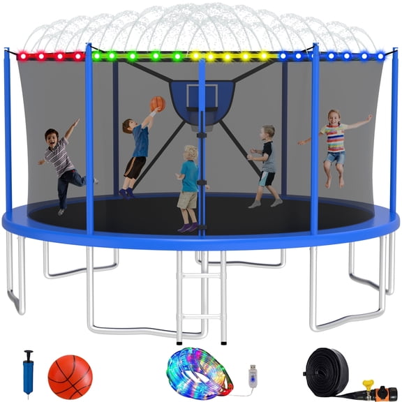 Elitezip Trampolines with Enclosure Net 1500LBS 16FT Heavy Duty Trampoline for Kid Adult Outdoor Anti-Rust Trampolines with Basketball Hoop, Light, Sprinkler, Ladder, Backyard Recreational Trampoline