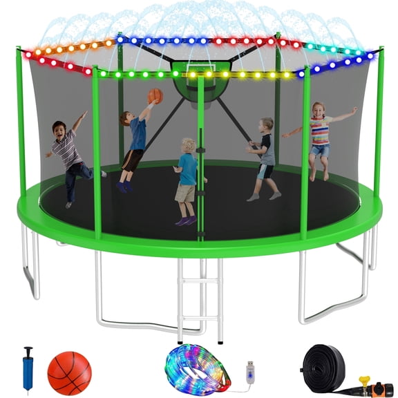Elitezip Trampoline, Trampoline for Kids and Adults, 16 FT Outdoor Trampolines with Enclosure Net, Basketball Hoop, Light, Sprinkler, Ladder, 1500LBS Weight Capacity, Backyard Heavy Duty Trampolines