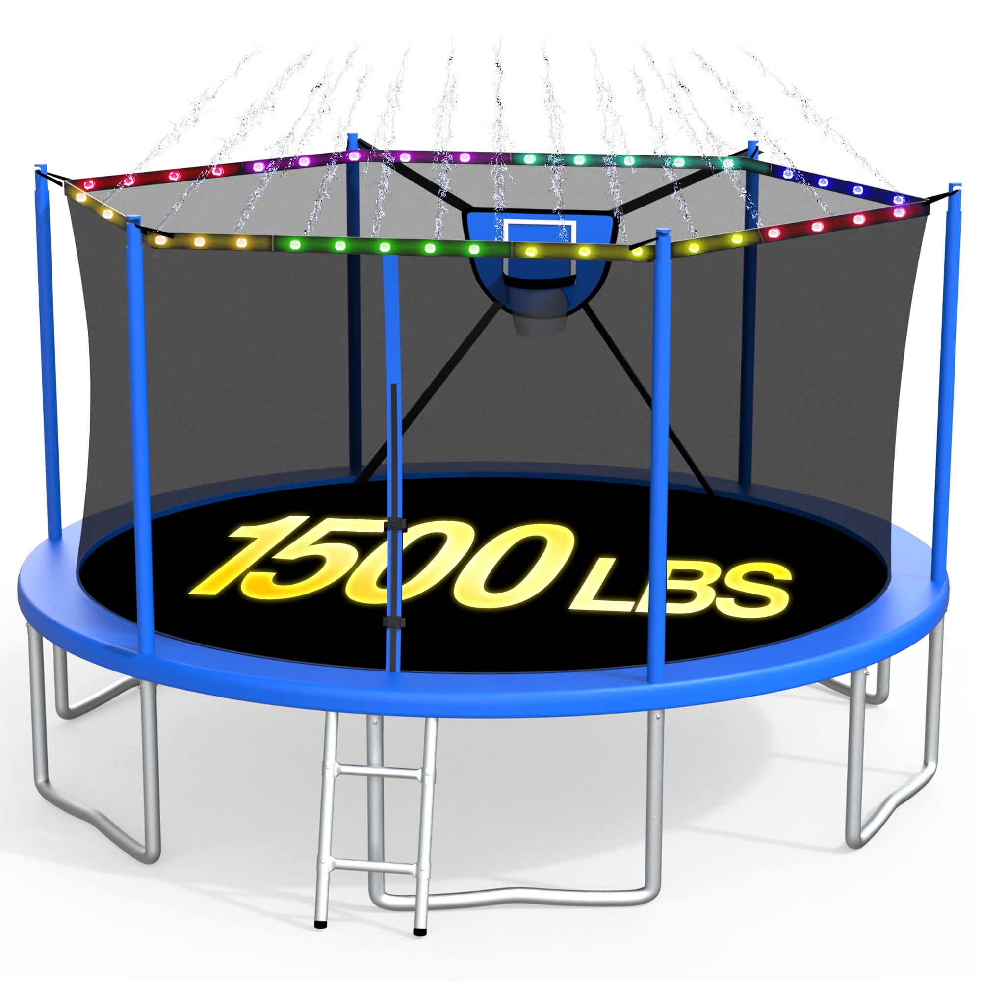 XMIKA Trampolines with Enclosure Net 1500LBS 16FT Heavy Duty Trampoline for Kid Adult Outdoor Anti-Rust Trampolines with Basketball Hoop, Light, Sprinkler, Ladder, Backyard Recreational Trampoline