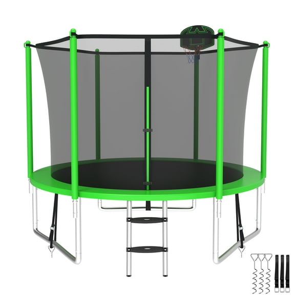 Elitezip 8FT Trampolines for Kids, 800LBS Trampolines with Enclosure Net, Backyard Trampoline Outdoor with Wind Stakes, Basketball Hoop, Ladder, Heavy Duty Recreational Trampoline, Easy to Install
