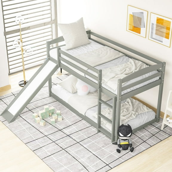 Elitezip Bunk Bed Twin over Twin with Convertible Ladder and Slide Safety Guardrail for Teens, Solide Wood Bunk Beds Frame, Saving Space, 79.3''L*84.4''W*46.5''H, Gray