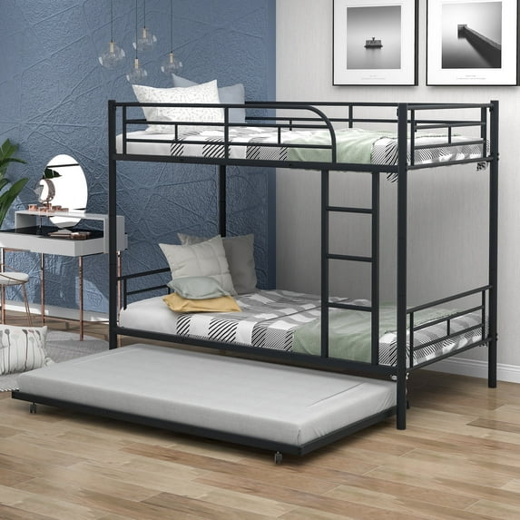 Elitezip Bunk Bed Twin-over-twin Metal with Trundle & Ladder, Heavy Duty Bunk Bed for Teens Adults, Can Be Divided into Two Twin Beds for Livingroom, Black, 78.1"L x 41.4"W x 65.3"H