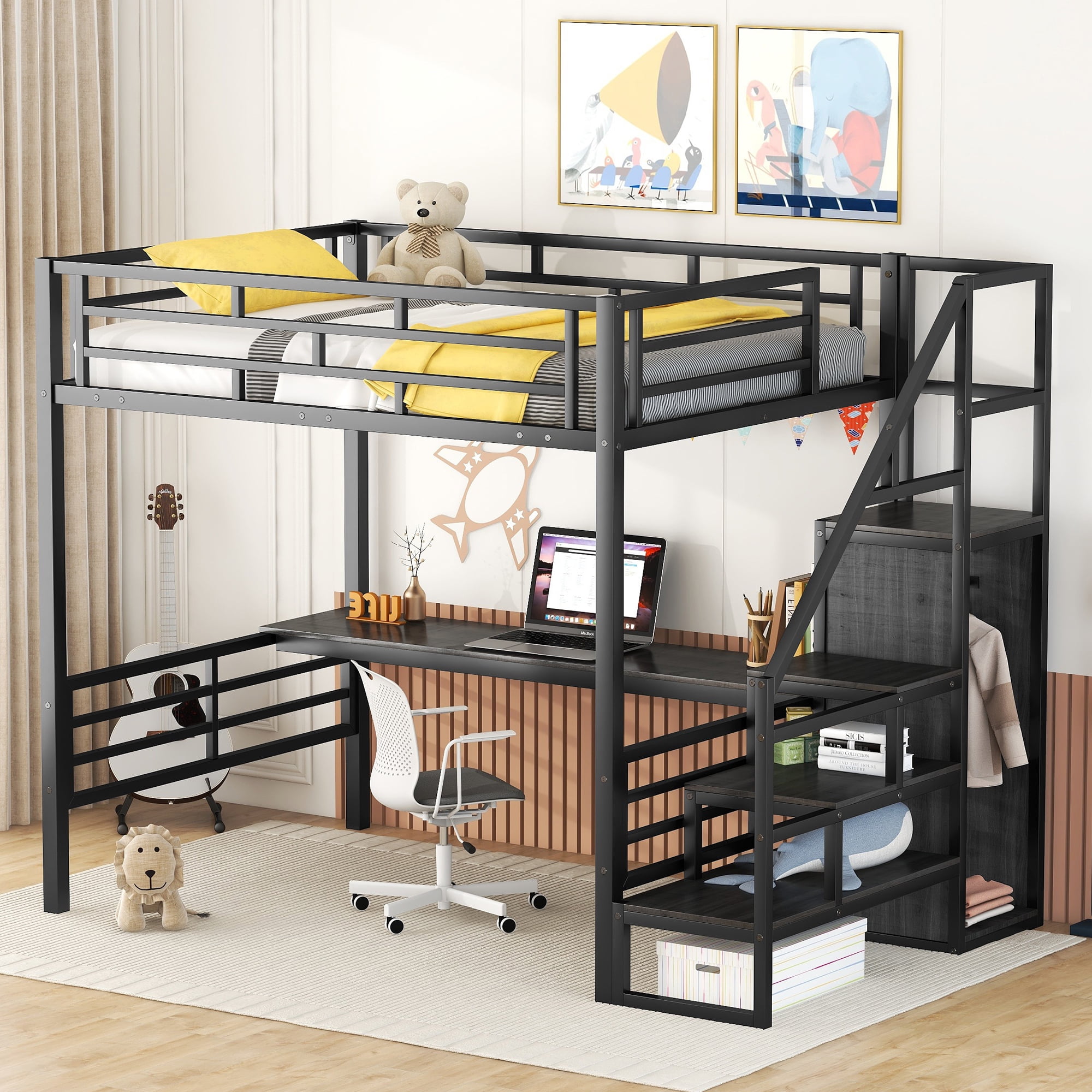 Elitezip Full Size Loft Bed with Desk, Metal Loft Beds with Convertible