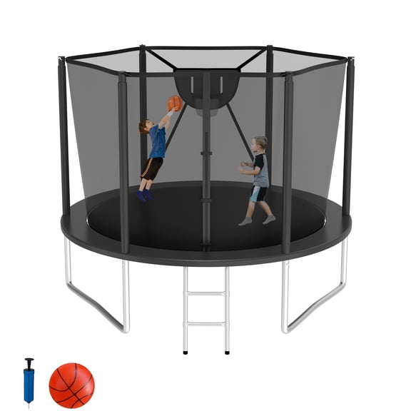 Elitezip Outdoor Trampoline 10FT, Trampolines with Safety Enclosure Net for Kids, Backyard Recreational Trampoline with Basketball Hoop, Ladder, Heavy-Duty Round Trampoline for Adult, 1000LBS Loading