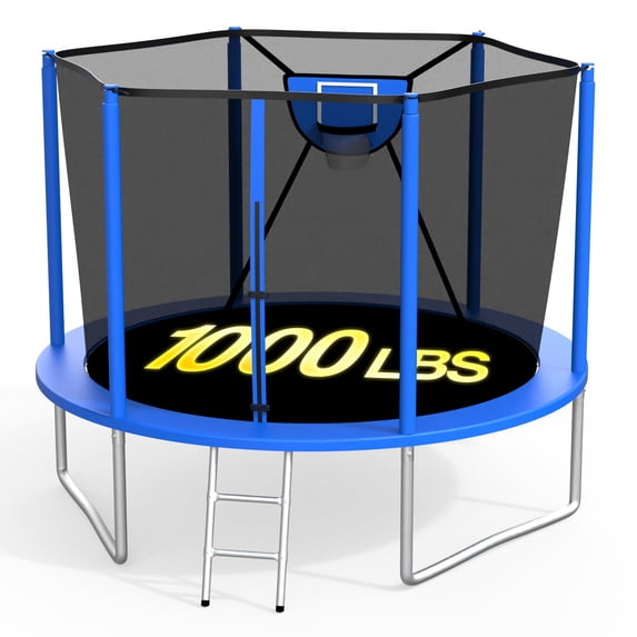 XMIKA Outdoor Trampoline 10FT, Trampolines with Safety Enclosure Net for Kids, Backyard Recreational Trampoline with Basketball Hoop, Ladder, Heavy-Duty Round Trampoline for Adult, 1000LBS Loading