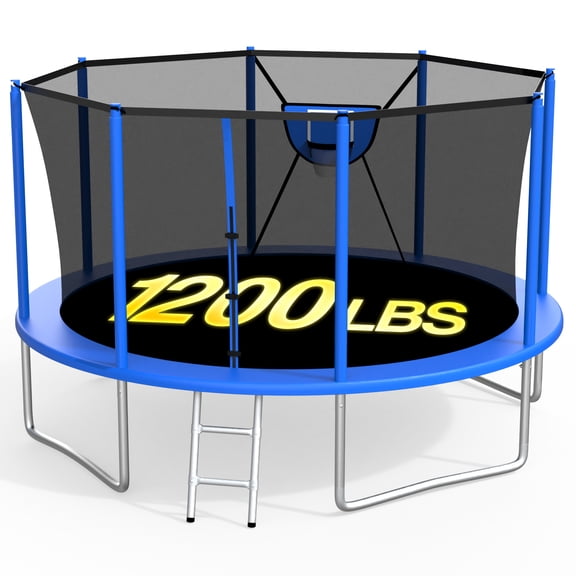 XMIKA Outdoor Trampoline 12FT, Trampolines with Safety Enclosure Net for Kids, Backyard Recreational Trampoline with Basketball Hoop, Ladder, Heavy-Duty Round Trampoline for Adult, 1200LBS Loading